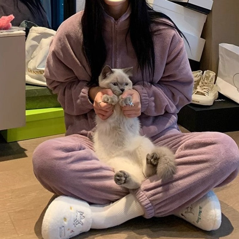 2025 Autumn Winter Homewear Pajamas Set for Women Long Shirt Trousers 2 Pieces Keep Warm Sleepwear Loungewear