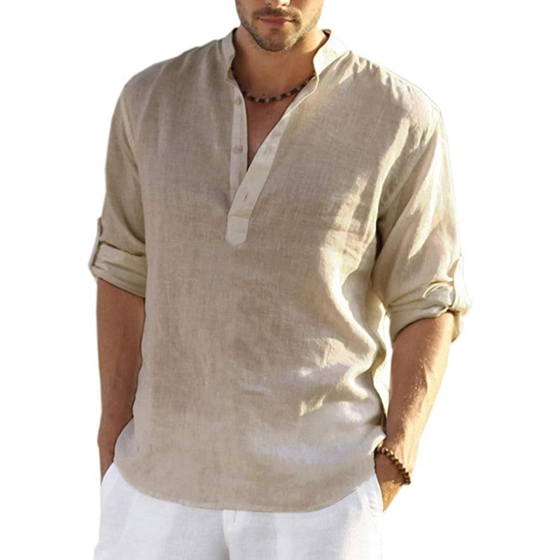 8 Colors!2023 New Linen Shirt Men Brief Breathable Comfy Solid Color Long Sleeve Loose Harajuku Casual Blouse Hawaiian Shirts