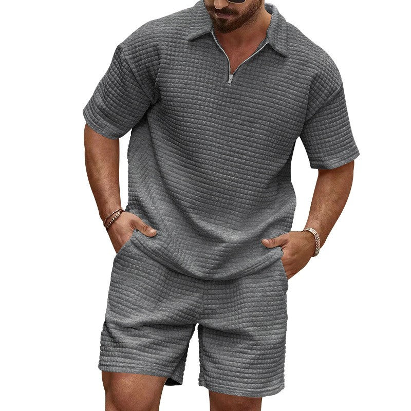 2024European and American Men's Spring and Summer Trends Youth Outdoor Lapel Small Plaid Short Sleeve Shorts Sports Suit