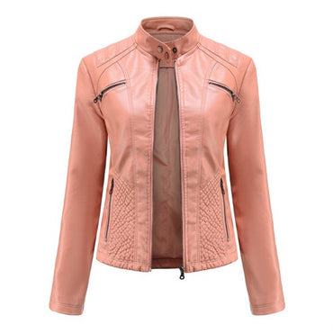 2025 Autumn Women's Black Moto Biker Zipper Jacket, Red Apricot Coffee PU Coat, Light Purple Outerwear.