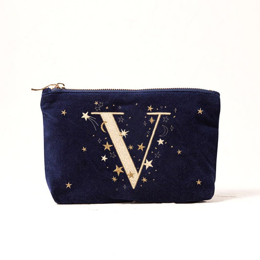 Alphabet Print Velvet Clutch Makeup Bag - Fashionable Cosmetic Pouch with Glittering Star Motif