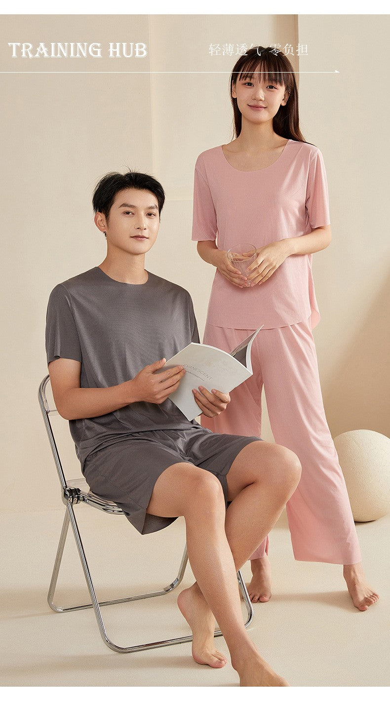 Super Thin Pajamas Suit Women Men Summer Ice Silk Cool Short-sleeved O-Neck Sleepwear Male Female Classic Simple Loungewear Suit
