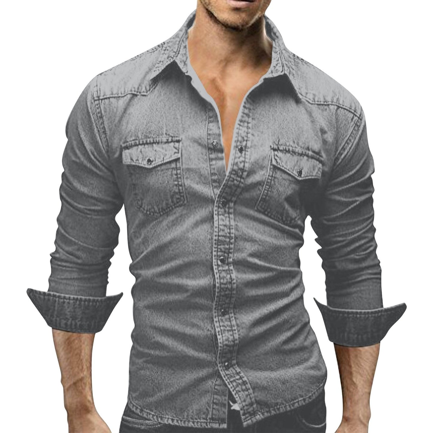 Men'S Autumn Fashion Clothing Casual Fashion Long Sleeve Lapel Shirts Solid Color Denim Washed Shirt Men'S Tops
