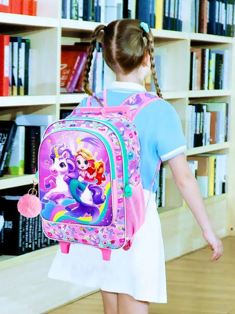 4PCS Rolling Bookbag for Girls, Cute Kids Mermaid Wheeled Backpack?Unicorn Roller School Bag with Wheels for Elementary Preschoo