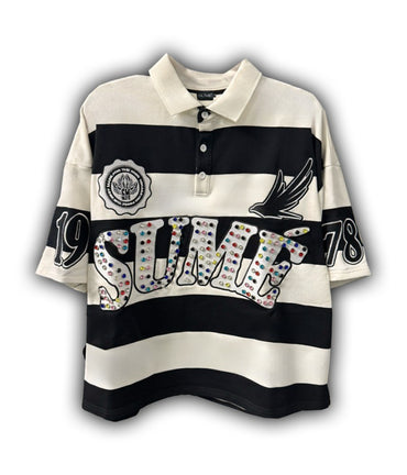 Sume New Retro Men Hip Hop Klein Stone Embroidery Stripe Polo Shirt Y2K Fashion Classic Lapel Neck Shirt Short Sleeves T shirt