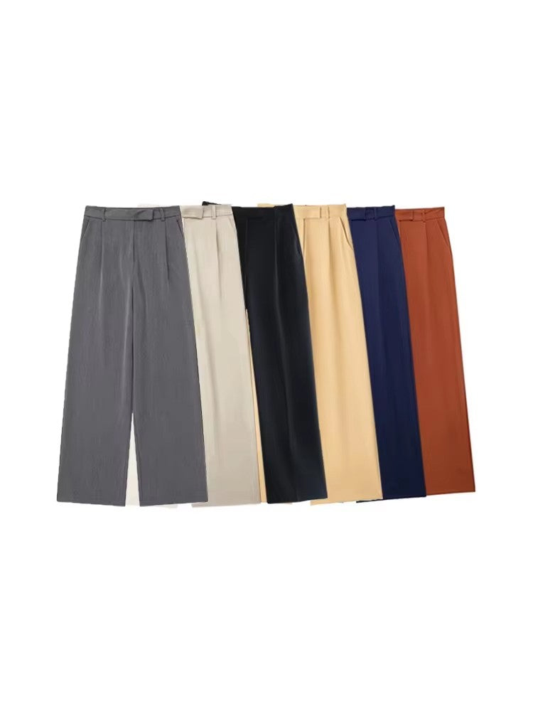 TRZA Women Fashion With Darts Front Pockets Wide Leg Pants Vintage High Waist Zi
