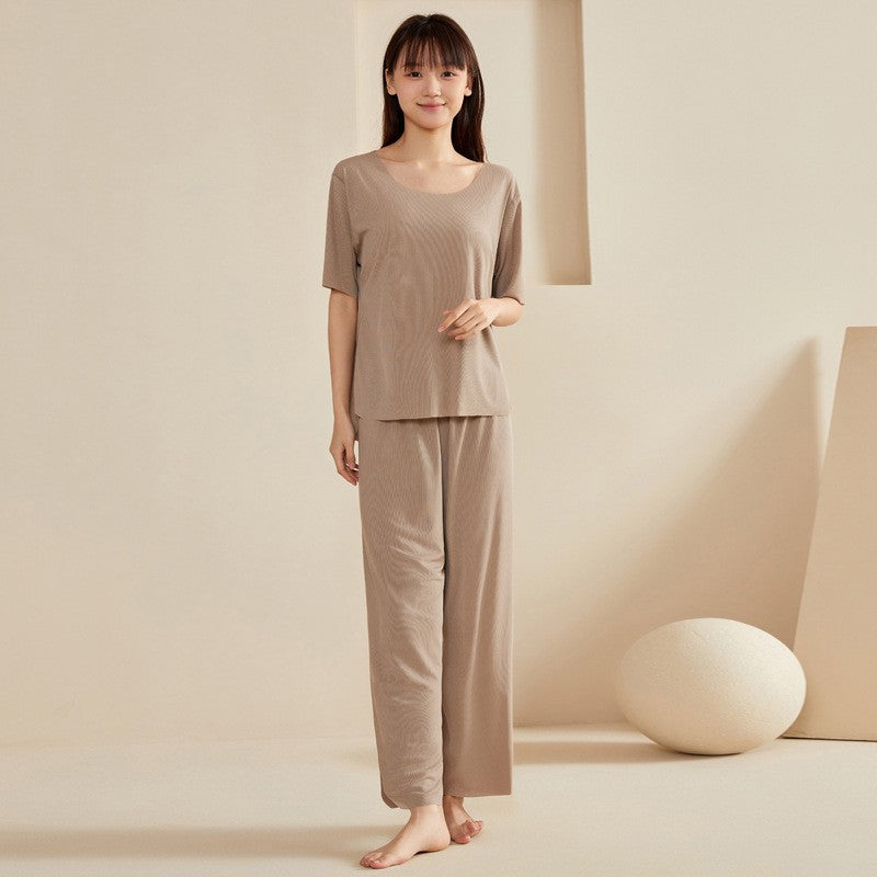 Super Thin Pajamas Suit Women Men Summer Ice Silk Cool Short-sleeved O-Neck Sleepwear Male Female Classic Simple Loungewear Suit