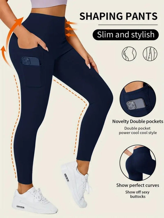 Solid Color Yoga Pants With Pocket, High Stretch Stretch Running Fitness Sports Leggings, Women's Activewear