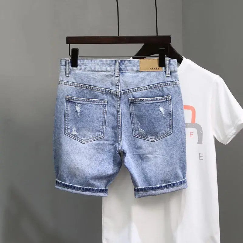 Trendy Denim Shorts For Men Summer Style Korean Version Thin Fit Hip Hop Brand Ins Small Group Medium Length Trousers