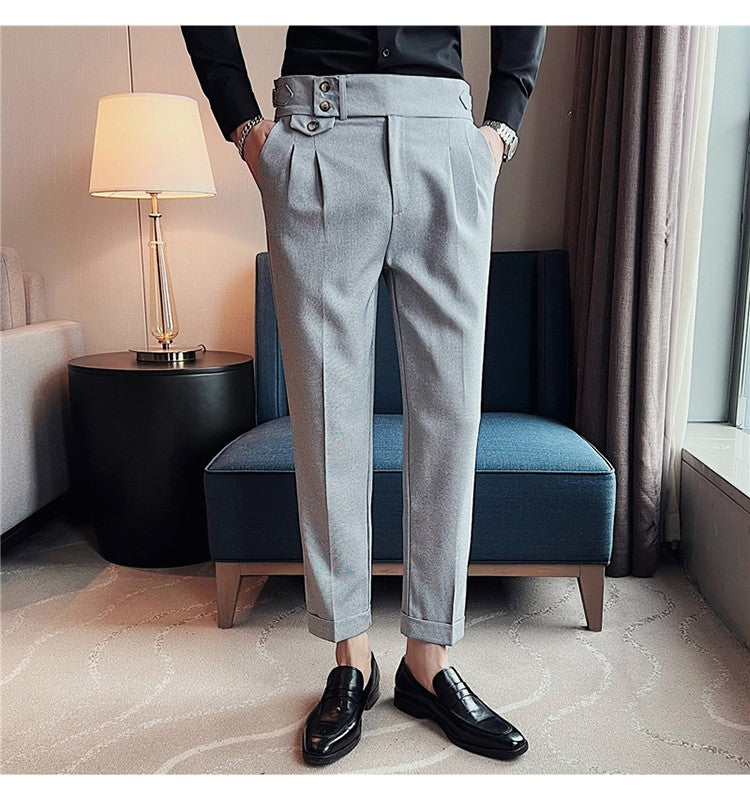 British Style Spring New Solid Business Casual Suit Pants High Waist Button Men Formal Pants High Quality Slim Office Trousers
