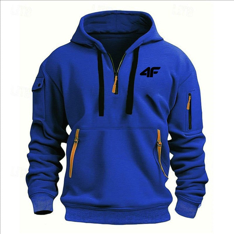 2025 Men's hooded sweater casual sports jumper vintage Harajuku long sleeve zipper multi-pocket casual loose coat Street