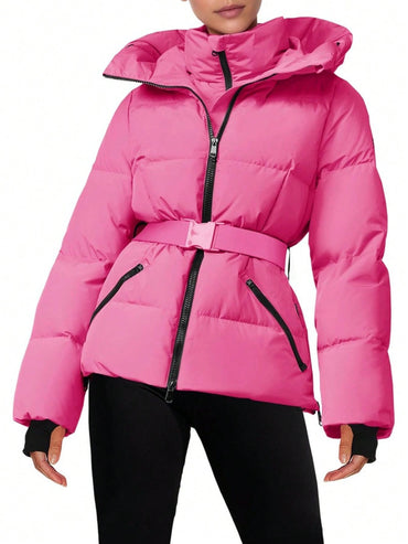 Fisoew women's Belted Puffer Jacket, Women's Waterproof Ski Coat With Hood, Quilted Winter Snowsuit Aesthetic