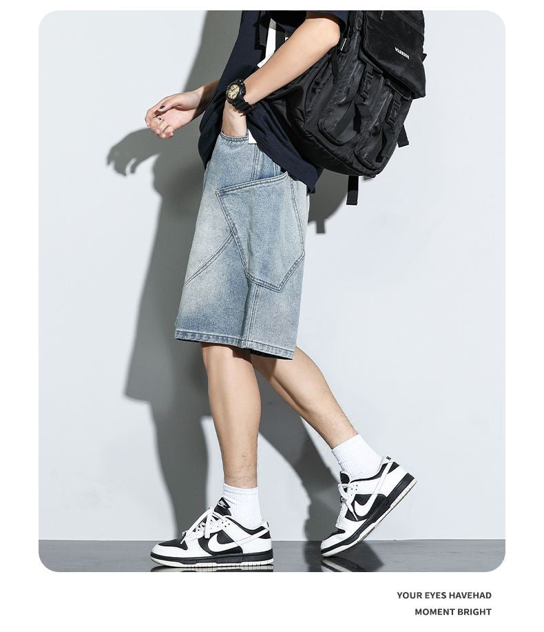 Summer New Baggy Denim Shorts Fashion Casual Straight Harajuku Jeans Male Vintage Wash Drawstring Short Pants Streetwear