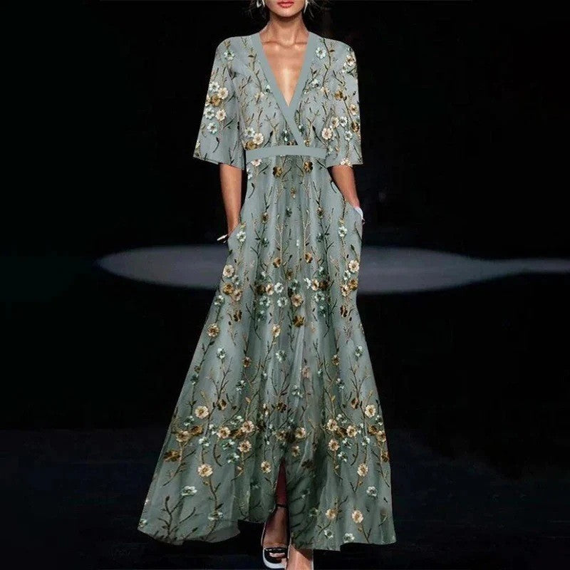 Women Fashion 2024 Spring V Neck Belted Party Long Dress Sexy Printing A-Line Bo