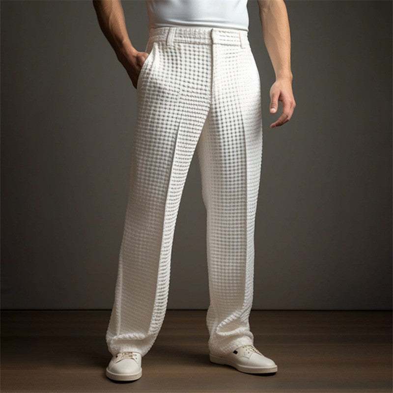 New 2025 Men's Elegant Waffle Suit Pants Solid Loose Straight Trousers Business Social Dress Pants Casual Vacation Pants for Men