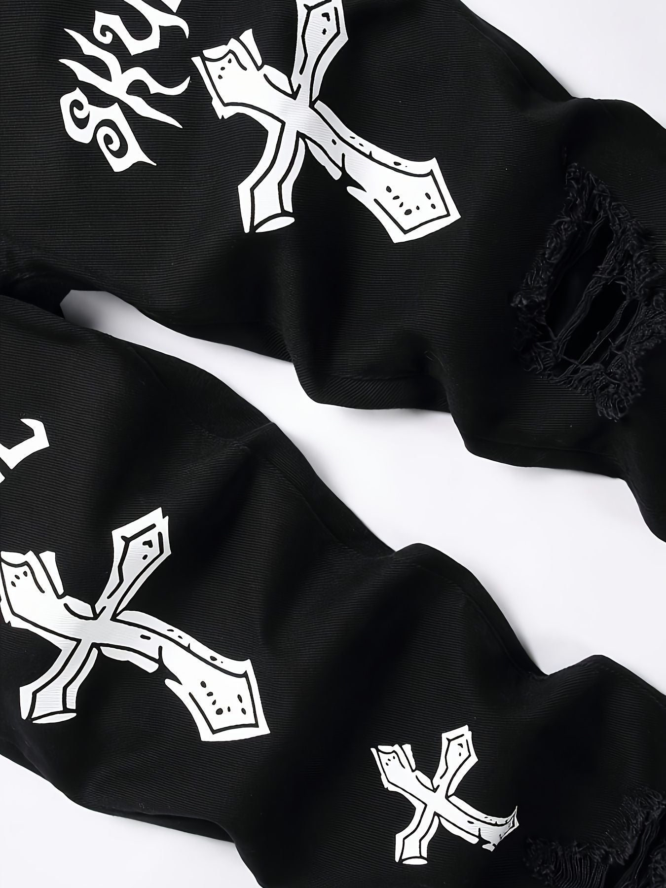 High street black youth cross print elastic hole patch tight jeans for men