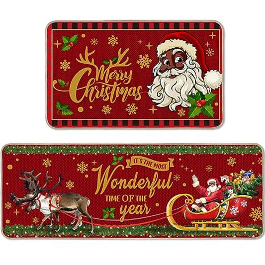 2 Pcs Christmas Kitchen Rugs Black Santa Christmas Decorations Xmas Winter Floor Mats Non Slip Washable Rubber Backing Doormat
