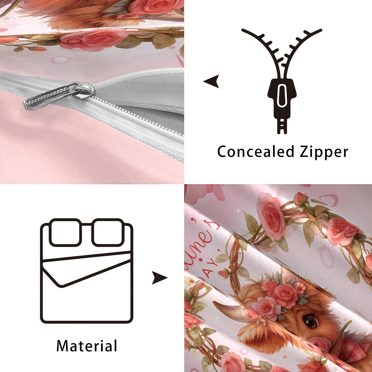 3pcs Pink Romantic Valentine's Day Highland Cow Print Coreless Bedding Set Multi Size Bedding Decoration Machine Washable