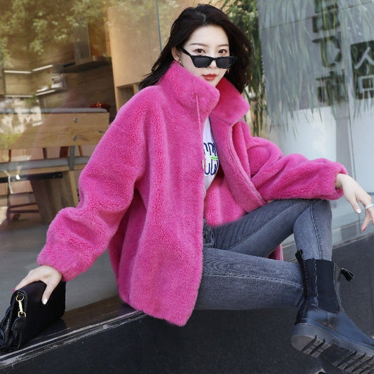 Elegant Autumn WInter Solid Jacket Fashion Long Sleeve Fleece Warm Stand Collar Plush Thick Coats Casual Office Lady Zip Outwear
