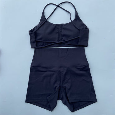 Yoga Shorts Set Gym Two Piece Sports Set Women Workout Outfit Fitness Suit Cross Straps Bra High Waist Shorts Running Tracksuit