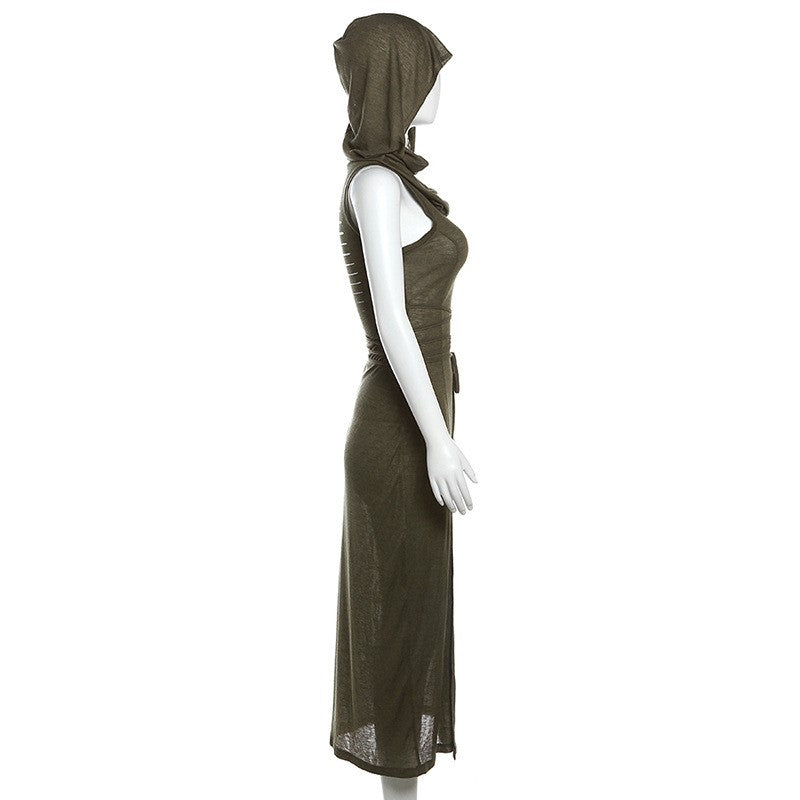 Goth Dark Cyber Gothic Desert Walker Hooded Dresses Y2k Punk Grunge Hollow Out M