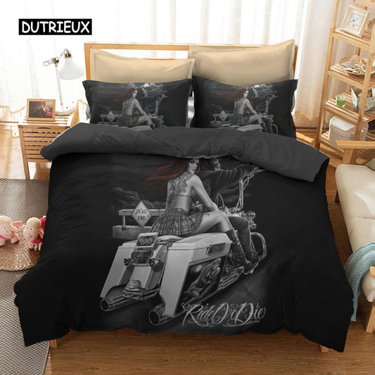 Black Duvet Cover Human Skeleton Bedding Set Horror Skull Motorcycle and Beauty Duvet Cover Single Double Queen King Size Decor