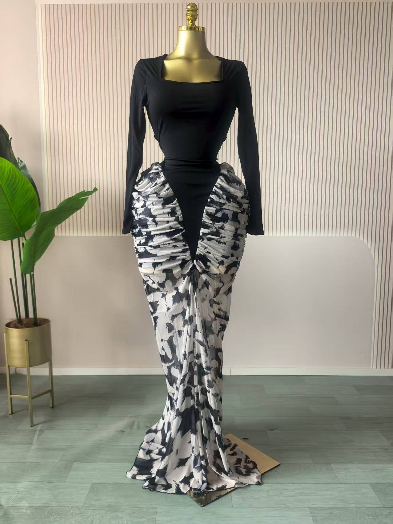 CM.YAYA Women Print Patchwork Stacked Ruched Long Sleeve Bodycon Midi Maxi Long