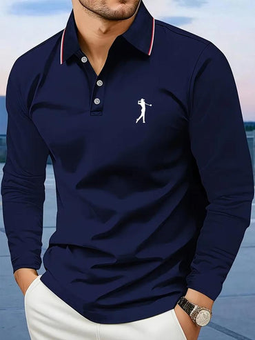 Breathable Men's Casual Long Sleeve Polo Shirt Comfortable Fit Graphic Print Stripes and Golf Player Graphic Men's Golf Shirt