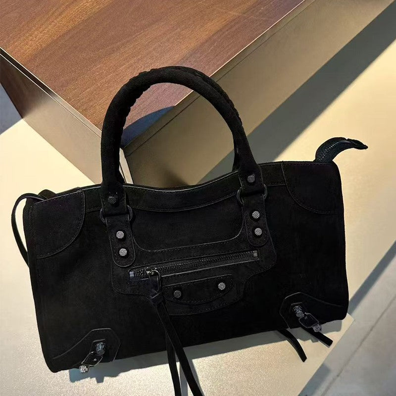 Retro suede motorcycle bag, women's city handbag, leather crossbody bag, single-shoulder armpit bag