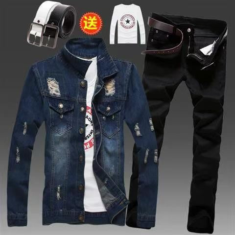 Men's Slim Fit Denim Jacket Pants 2pcs Set Long Sleeve Coats Letters Printed Casual Large Size Black White Red Boys Trousers