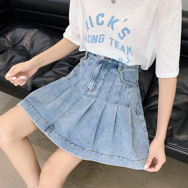 New Summer 2024 Plus Size Denim Skirt Women High Waist Pleated Large Size A Line Mini Jean Skirt Women Streetwear Saia Hot Sale