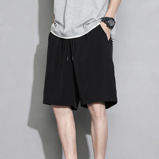 Summer Loose-fit Men's Sports Mid-waist Shorts Lightweight Black Ice Silk Five-poin