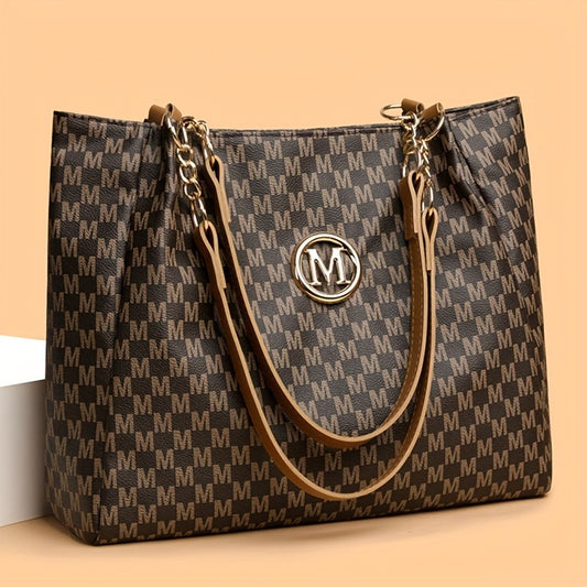 Vintage Geometric Tote Bag Synthetic Leather Letter "M" Design for Women Handbag Shoulder Bag Large Capacity Shopping Travel Bag