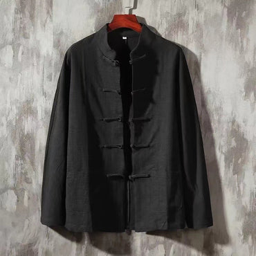 XXXXXL Plus Size Men Cotton Linen Shier Autumn Spring Men Collarless Long Sleeve Frog Button Loose Blouse Tops Oversized M-5XL