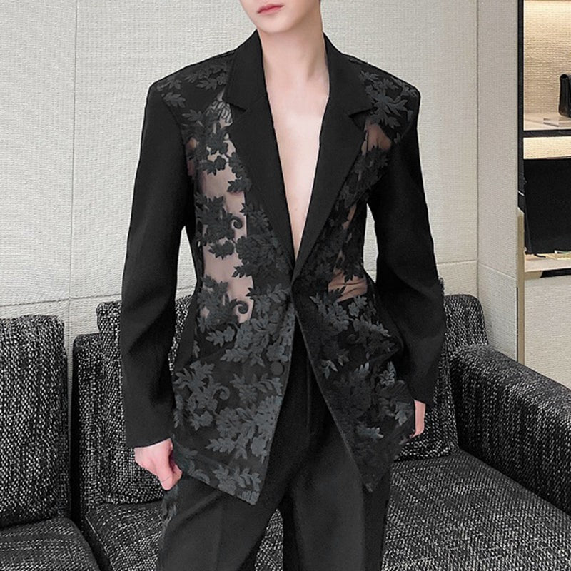 INCERUN Men Blazer Mesh Patchwork Lace Transparent Lapel Long Sleeve Casual Suits Men Streetwear 2024 One Button Fashion Coats