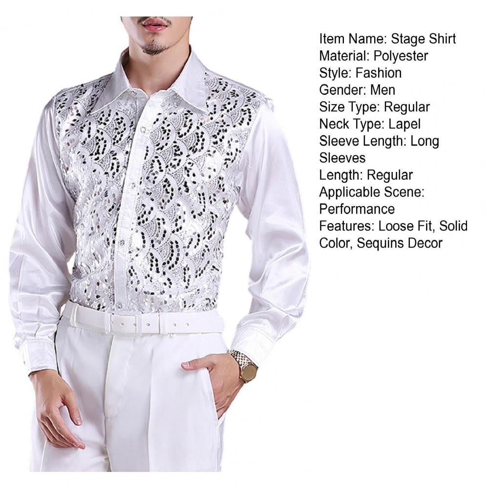 Men Sequins Shirt Adult Lapel Long Sleeved Dance Performance Shirt Costume Wedding Stage Shirt Slim Fit Casual Men Shirts Tops