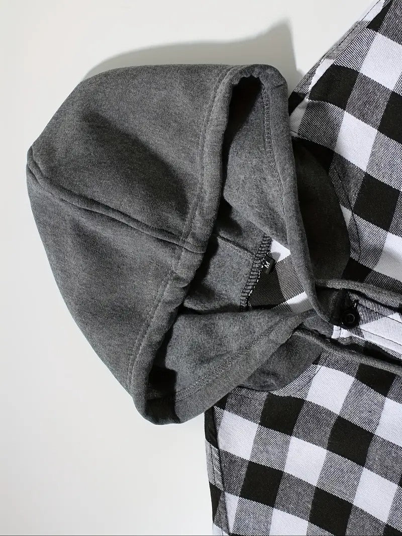 Youth Fashion Street Hooded Plaid Shirt Men's Slim Fit Long Sleeved Shirt Couple Travel Casual Shirt Men's Sports Shirt Jacket