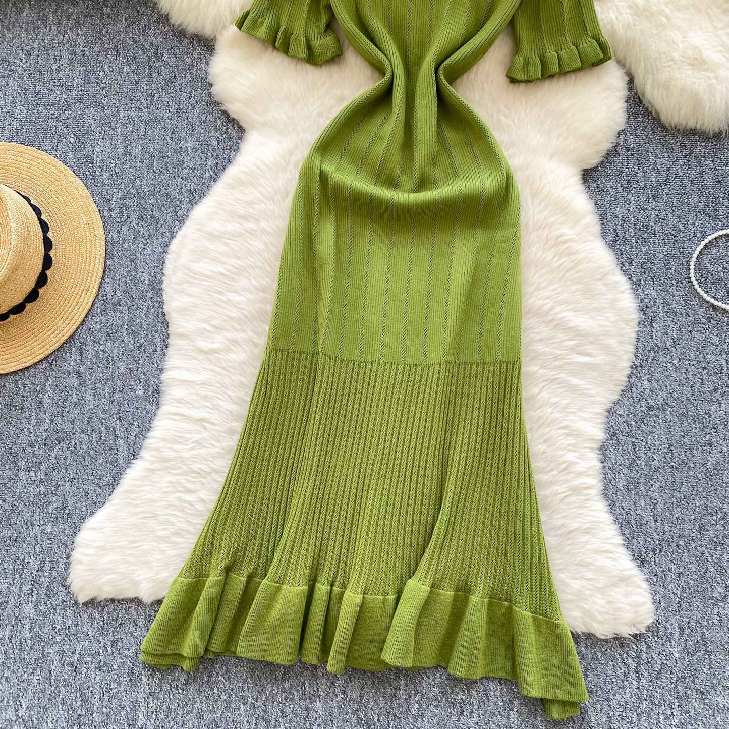 SINGREINY Summer OL Knit Dress 2025 Women V Neck Button Design Slim Mermaid Sund