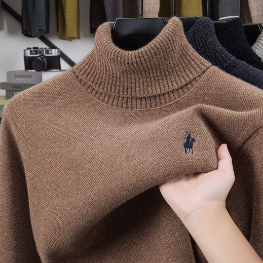 High end brand velvet sweater men's new fashion designer exquisite pony embroidery winter thick warm high neck knitted pullover
