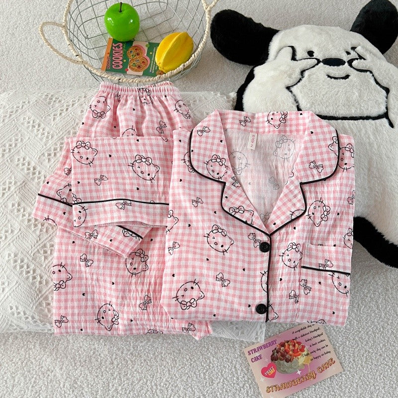Hello Kitty Cute Kawaii Pajama Set for Women Autumn Soft Fabric Comfort Plaid Loungewear 2 Piece Long Sleeve Top Pants Sleepwear