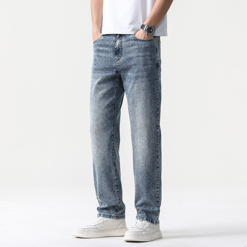 Calça Jeans Masculina Clássica Solta Reta Wide Leg de Sarja Lavada de Alta Qualidade Masculina Fina Fresca Elástica Masculina Casual de Caimento Regular