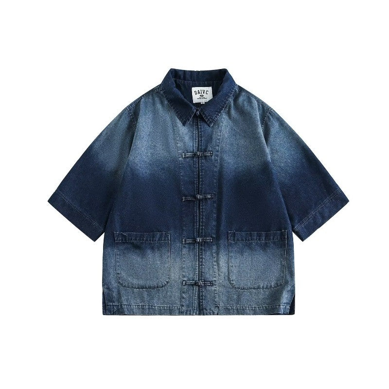 Ancient Style Denim Shirt Mens Halo Dyed Washed Single Breasted Short Sleeved Jacket Lapel Collar Fashion Tops Male High Quality