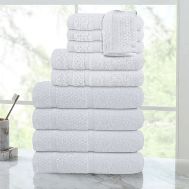 10 Piece Cotton Towel Set Soft Absorbent Quick Dry Bath Towels Hand Towels Washcloths Durable Popcorn Textured Border Bathroom
