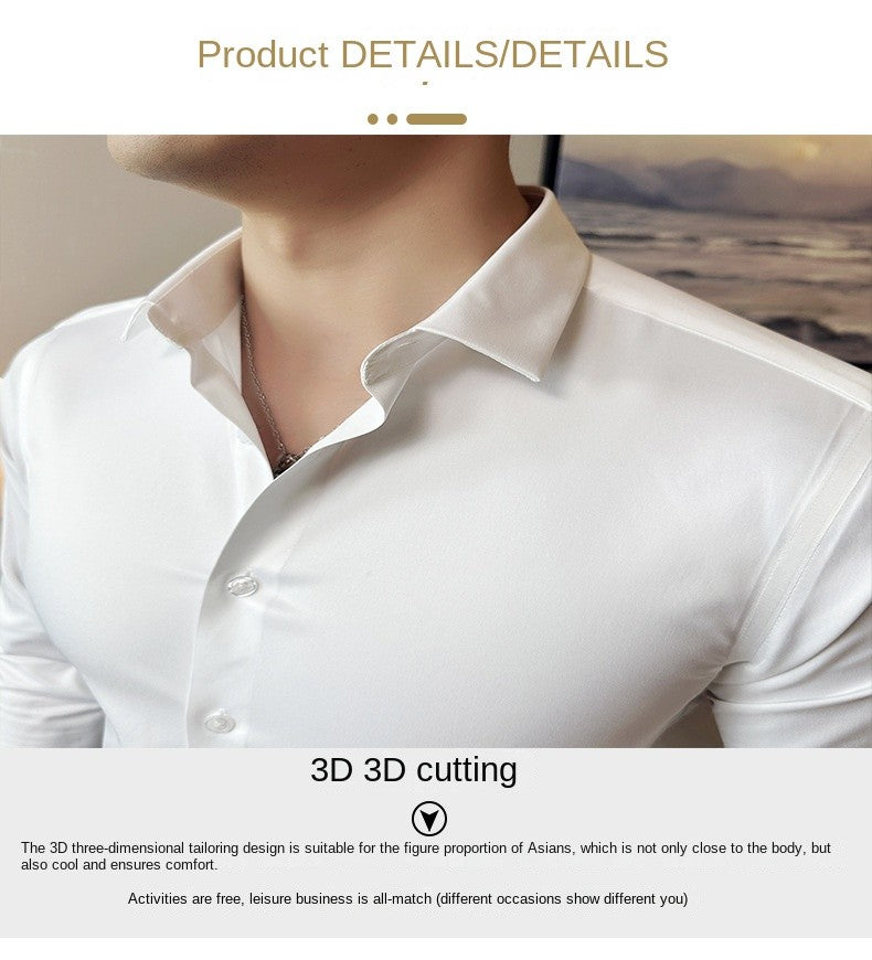 Seamless silk business casual shirt, long sleeved white non ironing elastic silk sliding cross shirt, men's formal wear