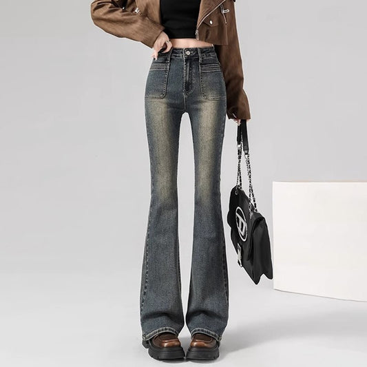 Spring Woman High Waist Vintage Flare Jeans Girls Korean Y2k 2000s Bell Bottom Pants Female Streetwear Gray Blue Denim Trousers