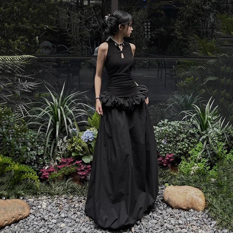 MEXZT Vintage Black Long Dress Women Party Prom Ruffles Sleeveless Maxi Dresses