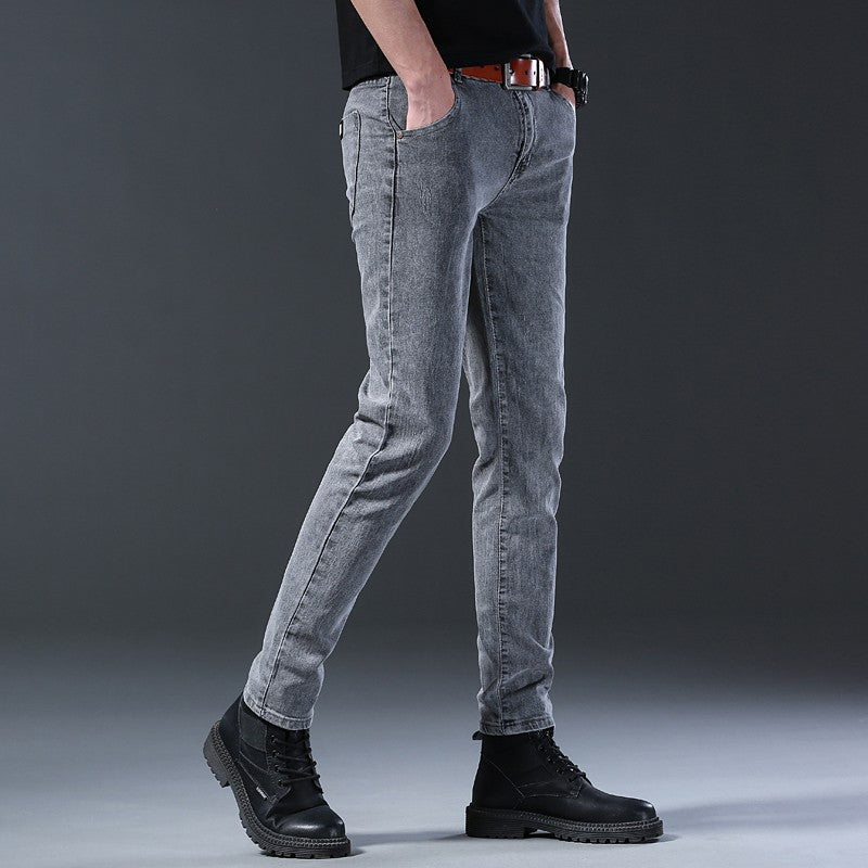 New style jeans, men's slim fit, Korean style comfortable straight leg elastic gray mid waist pants, men's casual denim pants