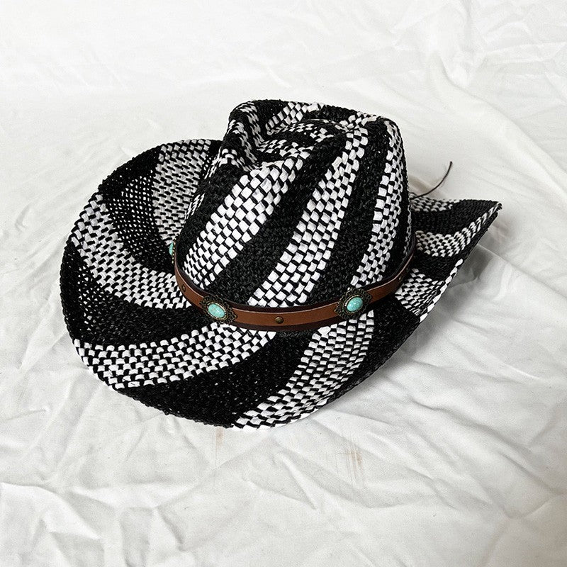 Ethnic Style Contrast Color Straw Cowboy Hat Mens Wide Brim Western Caps with Belt for Outdoor Party Vacation Sun Hats