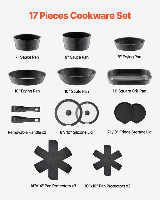 VEVOR 17 Pcs Nonstick Cookware Set Granite Pots and Pans Set Induction Cookwares Kitchen Cooking Set with Frying Sauce Saute Pan