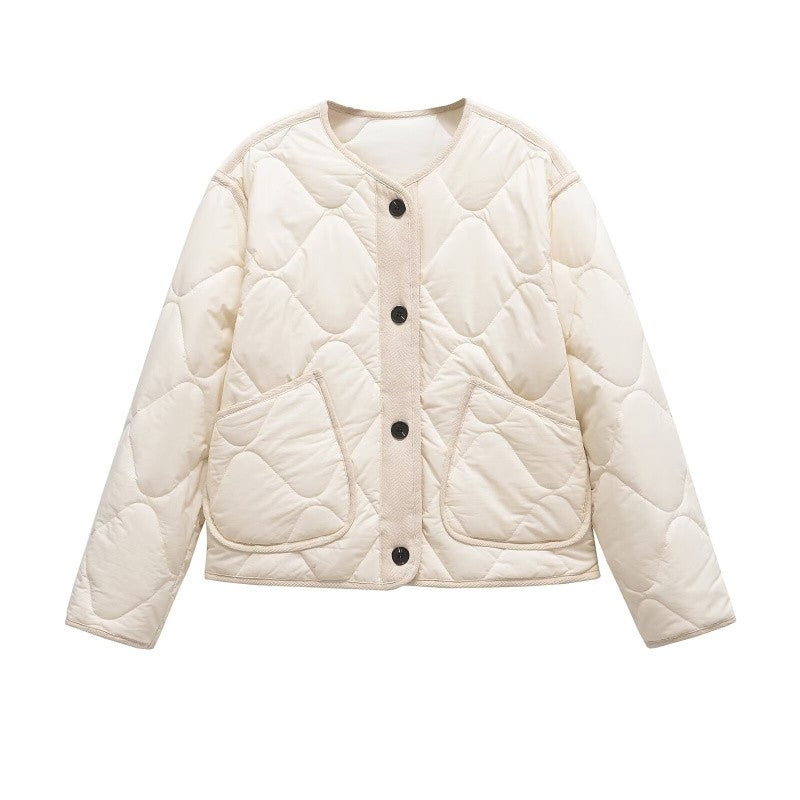 ETJ 2025 TRAF Spring new women's vintage crewneck quilted cotton-padded loose version of quilted casual jacket